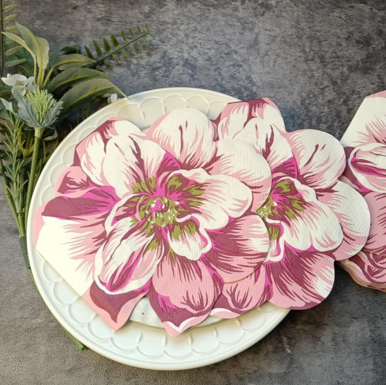 Doppellagige dekorative quadratische Einwegservietten mit rosa-weißem Blumenmuster Doppellagige dekorative quadratische Einwegservietten mit rosa-weißem Blumenmuster