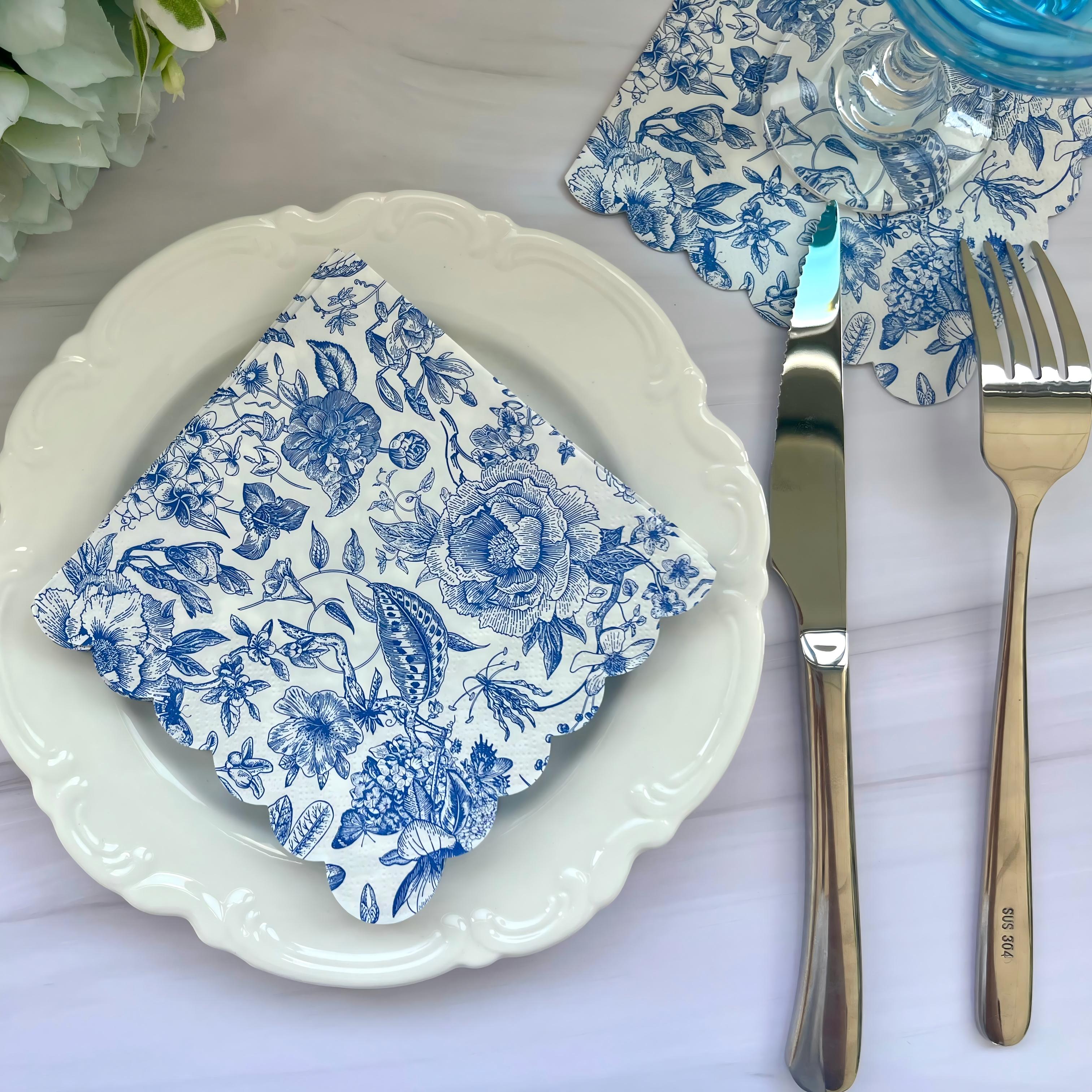 Blaue Papierservietten mit Blumenmuster, Vintage-Blumen-Lunchservietten